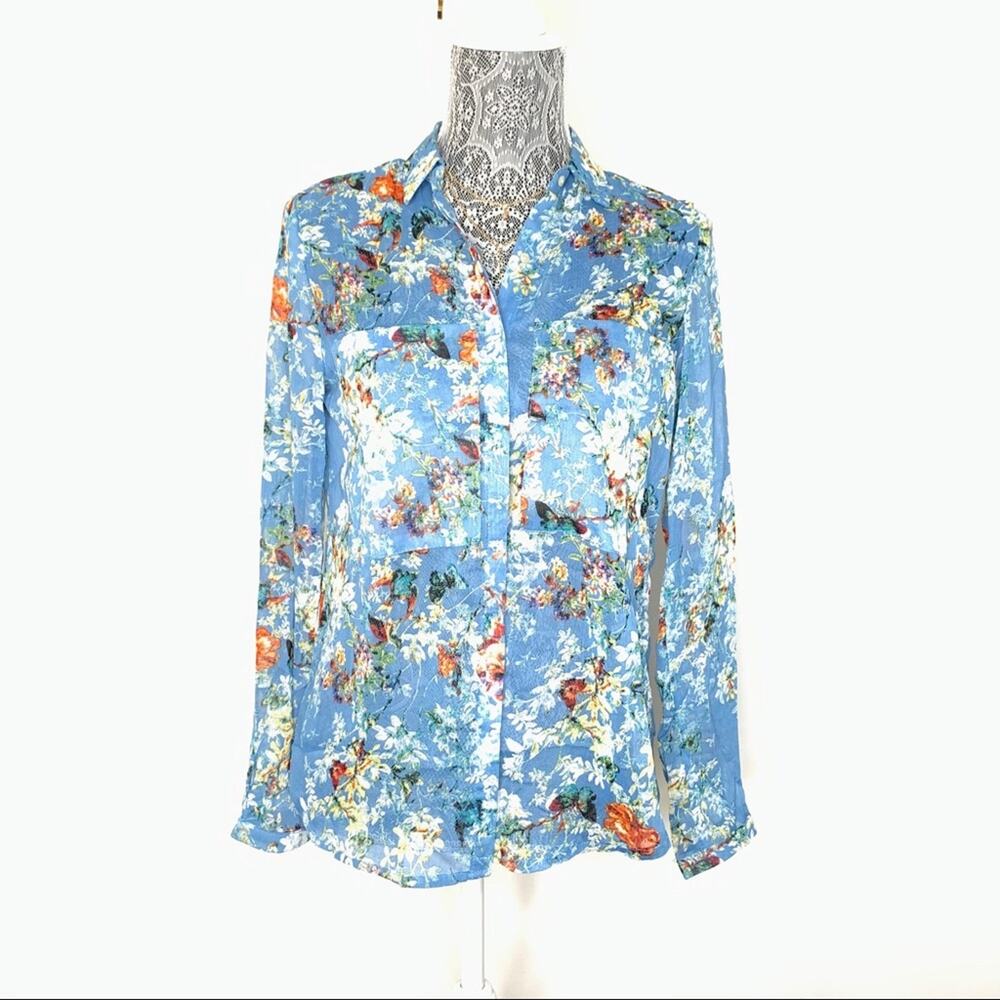 CHERISH Womens Sheer long sleeve double pocket button down floral blouse small